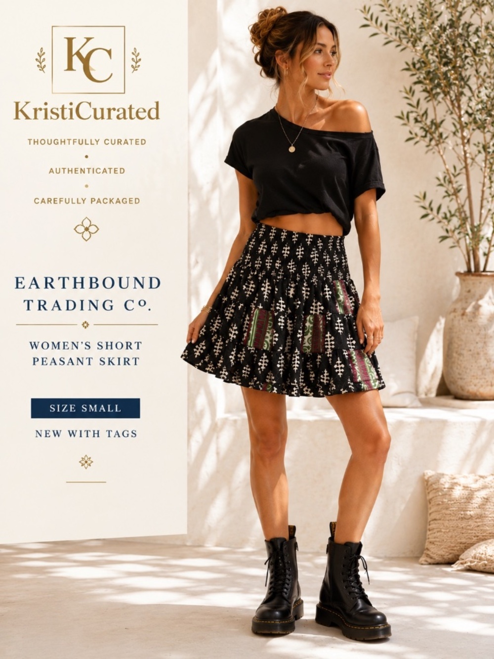 Earthbound Trading Co Peasant Skirt Tiered Boho Black Small NWT